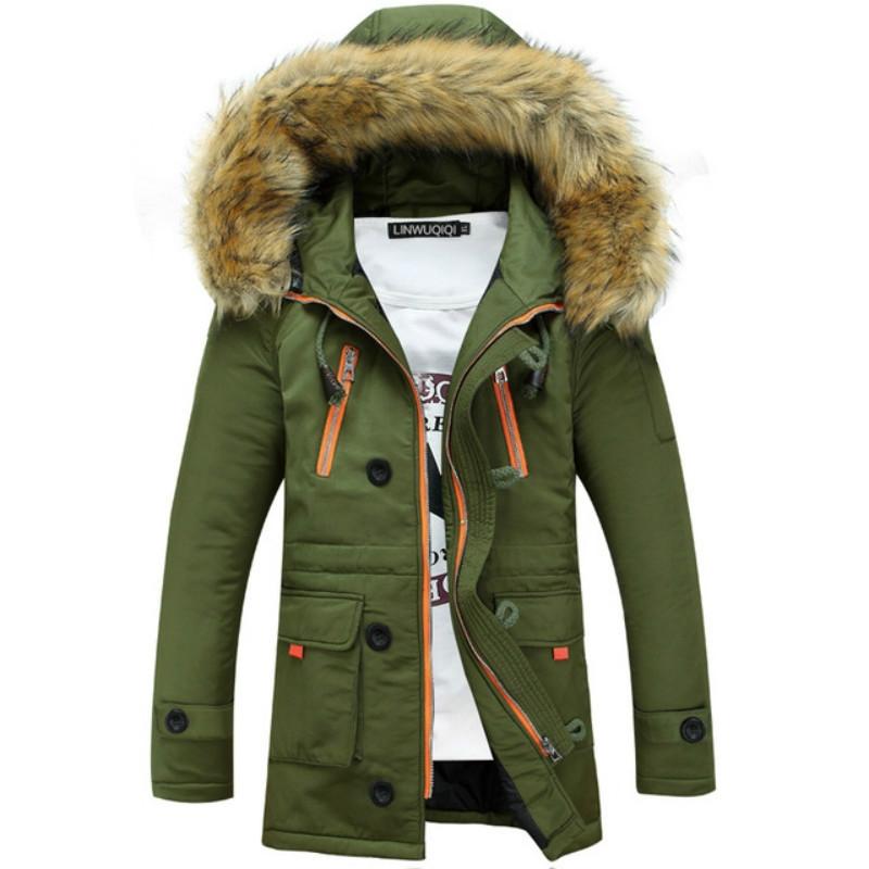 Long Section Cotton Suit Men Plus Velvet Thick Warm Jacket Large Fur Collar Coat Lovers Jacket - Size M - Green
