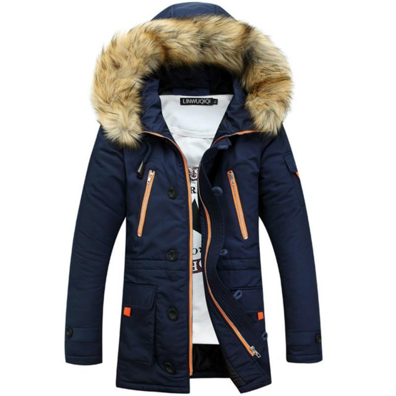 Long Section Cotton Suit Men Plus Velvet Thick Warm Jacket Large Fur Collar Coat Lovers Jacket - Size M - Green