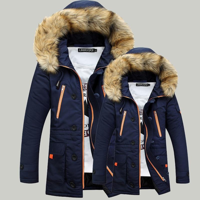 Long Section Cotton Suit Men Plus Velvet Thick Warm Jacket Large Fur Collar Coat Lovers Jacket - Size M - Green