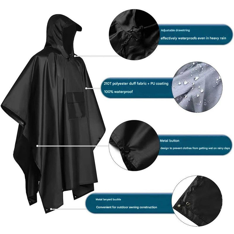 Army Green Portable Outdoor Camping Poncho - Can be used as Raincoat, Tarp, Ground Cover (Polyester silver coated without pockets)