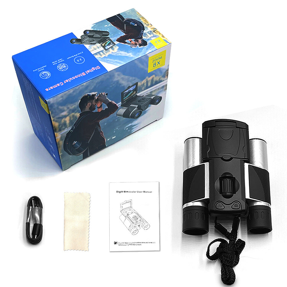 Silver and Black HD Digital Camera Binoculars 8X Zoom - Record Video & Photos with LCD Screen, Starlight Night Vision for Outdoors