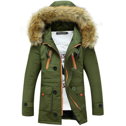 Long Section Cotton Suit Men Plus Velvet Thick Warm Jacket Large Fur Collar Coat Lovers Jacket - Size M - Green
