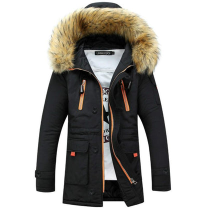 Long Section Cotton Suit Men Plus Velvet Thick Warm Jacket Large Fur Collar Coat Lovers Jacket - Size M - Green