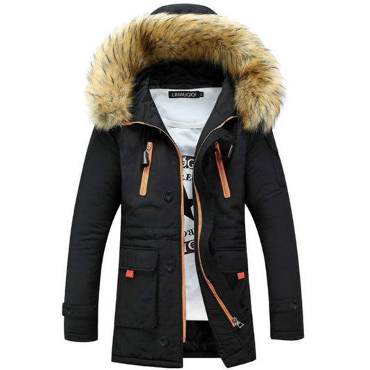 Long Section Cotton Suit Men Plus Velvet Thick Warm Jacket Large Fur Collar Coat Lovers Jacket - Size S - Black