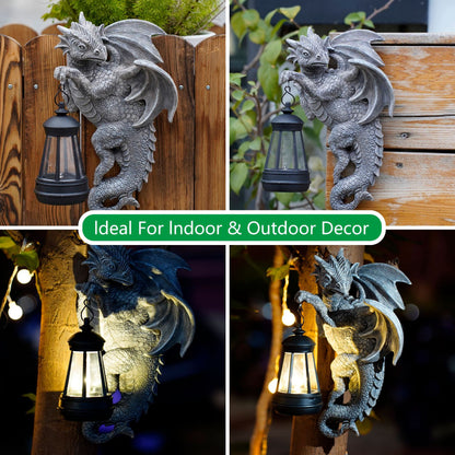Solar-Powered Dragon Statue with LED Lantern - Gothic Outdoor Wall Hanging Decor