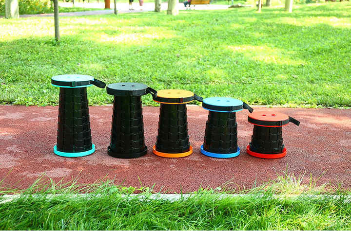 Rainbow Color Stitching Cyan Portable Outdoor Telescopic Folding Stool with 100 Weight-Bearing Buckles, Lightweight and Compact Design, Perfect for Fishing, Camping, and Travel