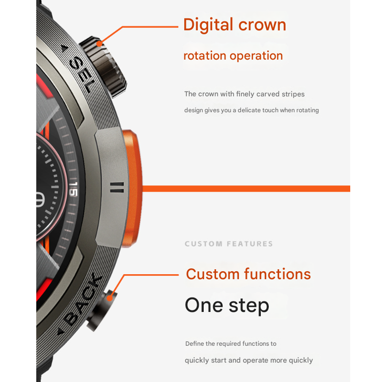 Black-orange Steel Belts Outdoor Smartwatch with 1.45-Inch HD Round Screen and Flashlight