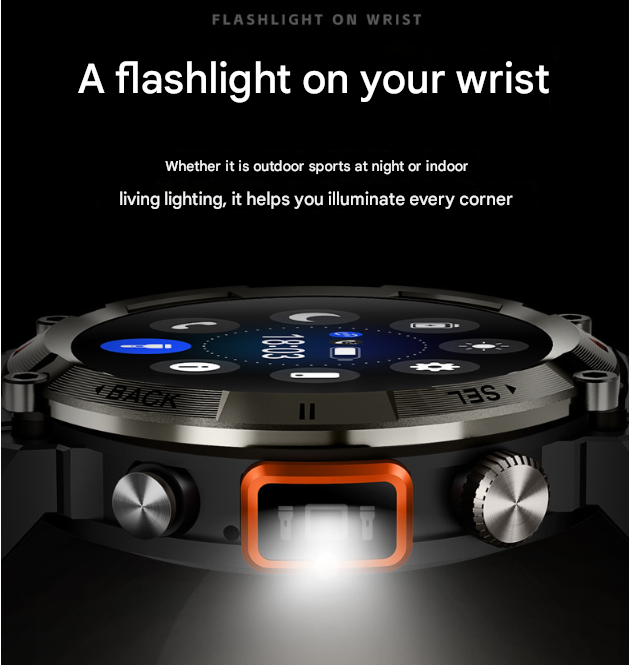 Black-orange Steel Belts Outdoor Smartwatch with 1.45-Inch HD Round Screen and Flashlight