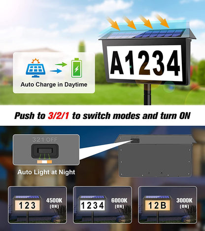 Black Bright Solar Powered LED Address Sign - IP65 Waterproof Outdoor House Number Light, 3 Color Modes, Wall & Ground Mount