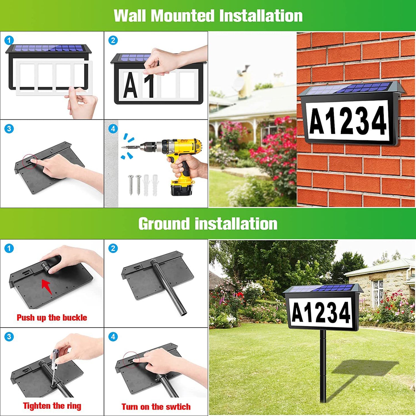 Black Bright Solar Powered LED Address Sign - IP65 Waterproof Outdoor House Number Light, 3 Color Modes, Wall & Ground Mount