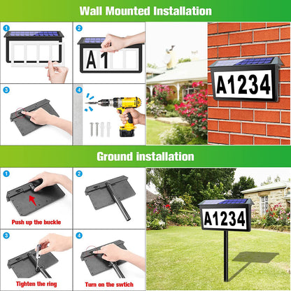 Black Bright Solar Powered LED Address Sign - IP65 Waterproof Outdoor House Number Light, 3 Color Modes, Wall & Ground Mount