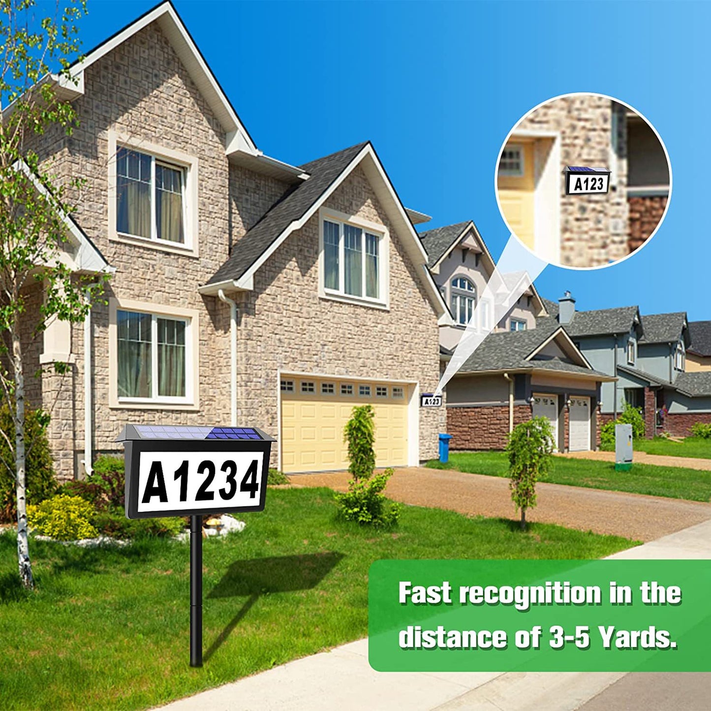 Black Bright Solar Powered LED Address Sign - IP65 Waterproof Outdoor House Number Light, 3 Color Modes, Wall & Ground Mount