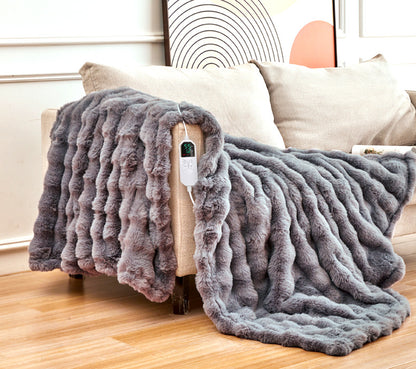 140*80CM Grey Luxurious Faux Rabbit Fur Electric Heated Throw Blanket - Cozy Warmer with 9 Heat Settings & Timer (AU Plug)